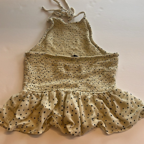 Patrons of Peace Polka Dot Halter Top Cream Navy Smocked Peplum Ruched Sx S - Picture 6 of 7